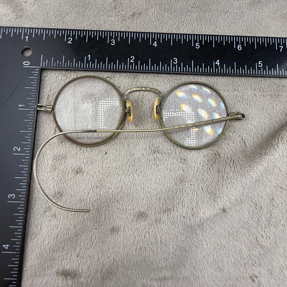 Vintage Wire Frame Glasses Gold Tone Art Deco Round Etched Bridge